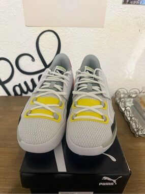 Puma White Mesh Sneakers with Yellow and Black Accents